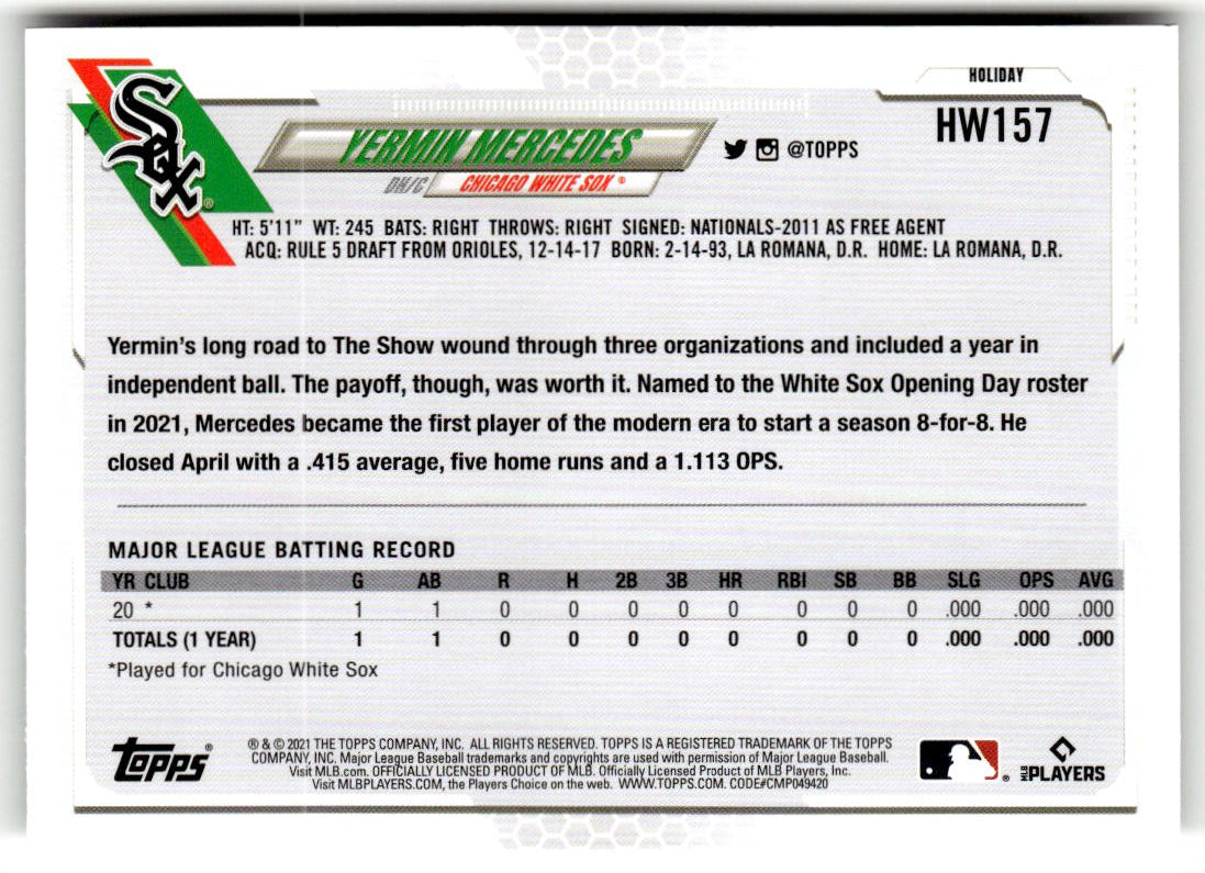 2021 Topps Holiday Mega Box Yermin Mercedes #HW157 (RC) back