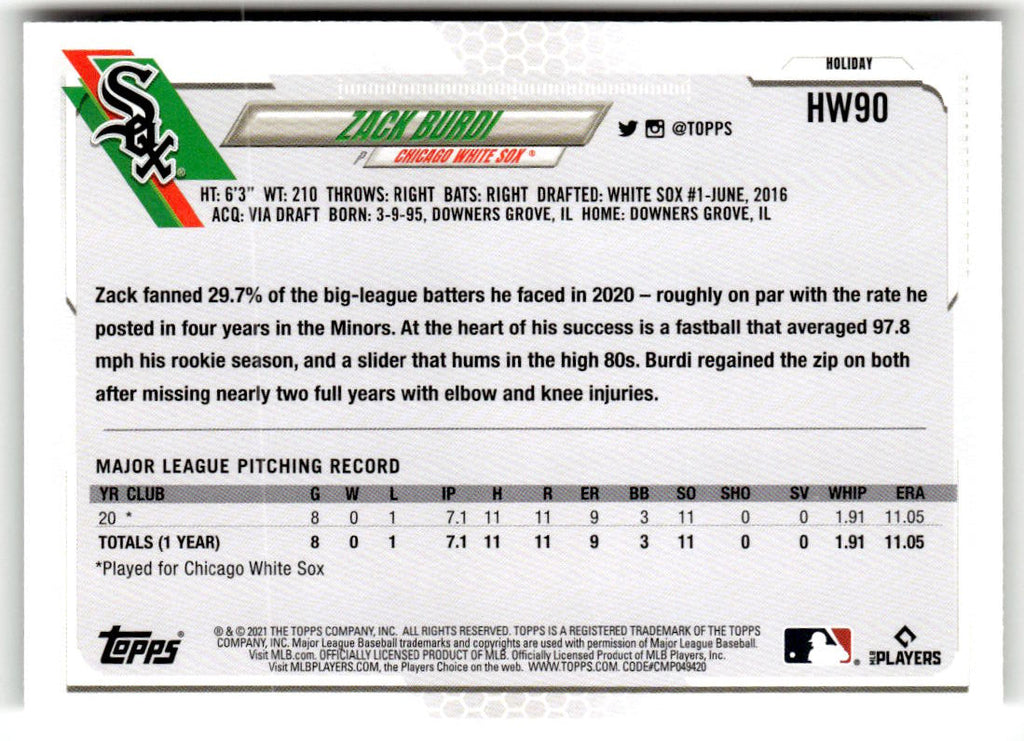 2021 Topps Holiday Mega Box Zack Burdi #HW90 (RC) back