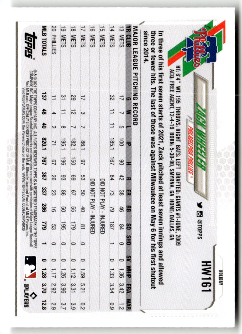 2021 Topps Holiday Mega Box Zack Wheeler #HW161 back