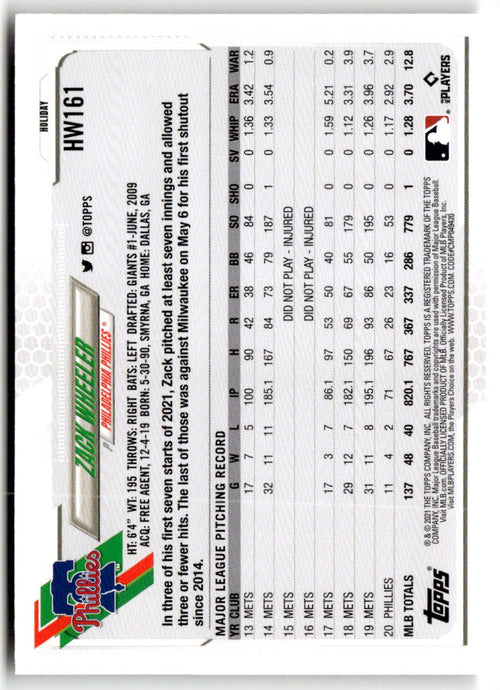 2021 Topps Holiday Mega Box Zack Wheeler #HW161 back