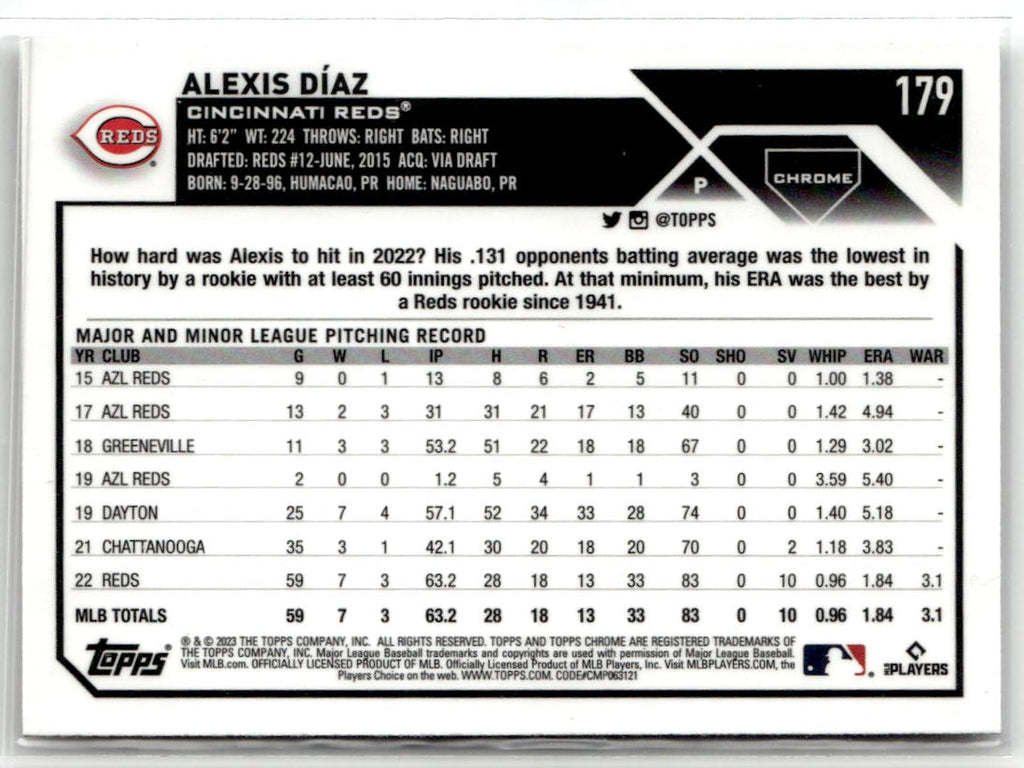2023 Topps Chrome Alexis Diaz #179 (RC) back