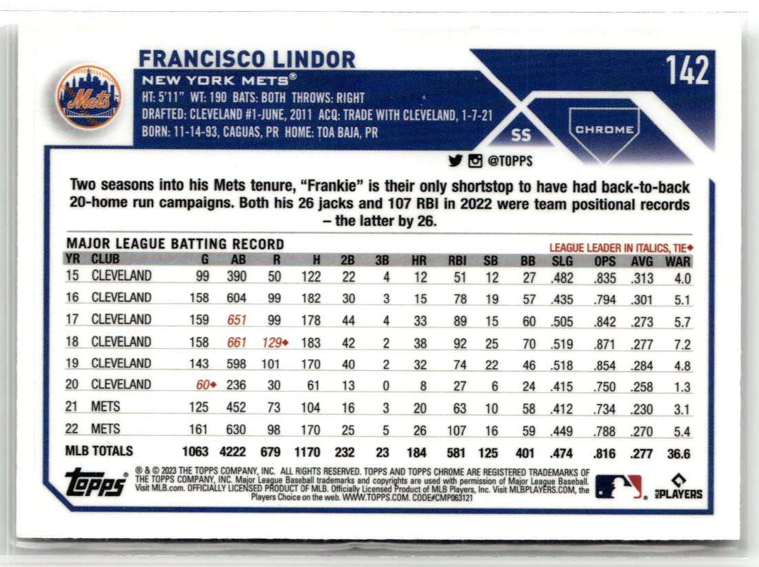 2023 Topps Chrome Francisco Lindor #142 back