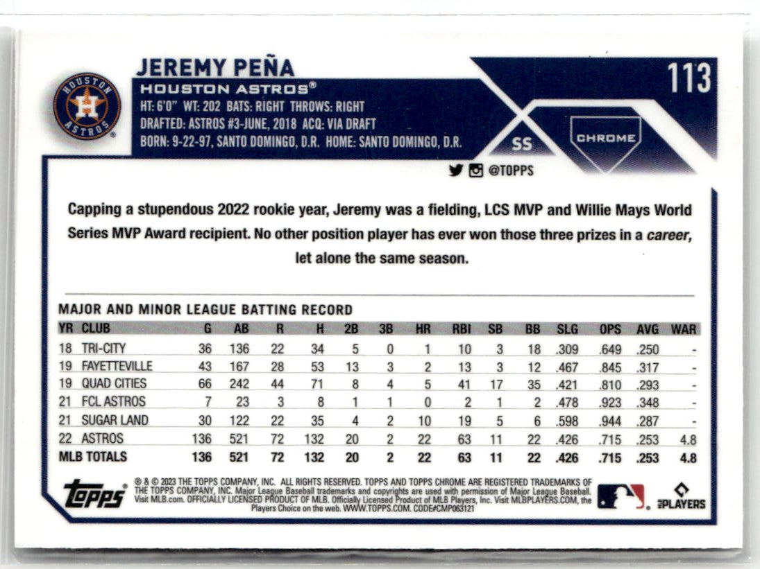 2023 Topps Chrome Jeremy Pena #113 back