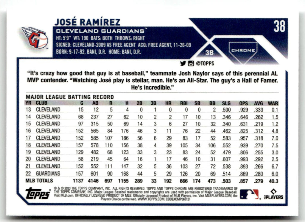 2023 Topps Chrome Jose Ramirez #38 back