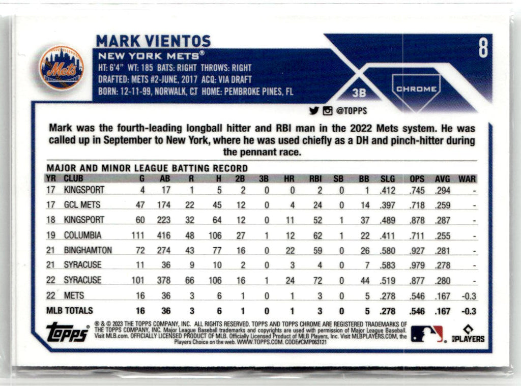 2023 Topps Chrome Mark Vientos #8 (RC) back