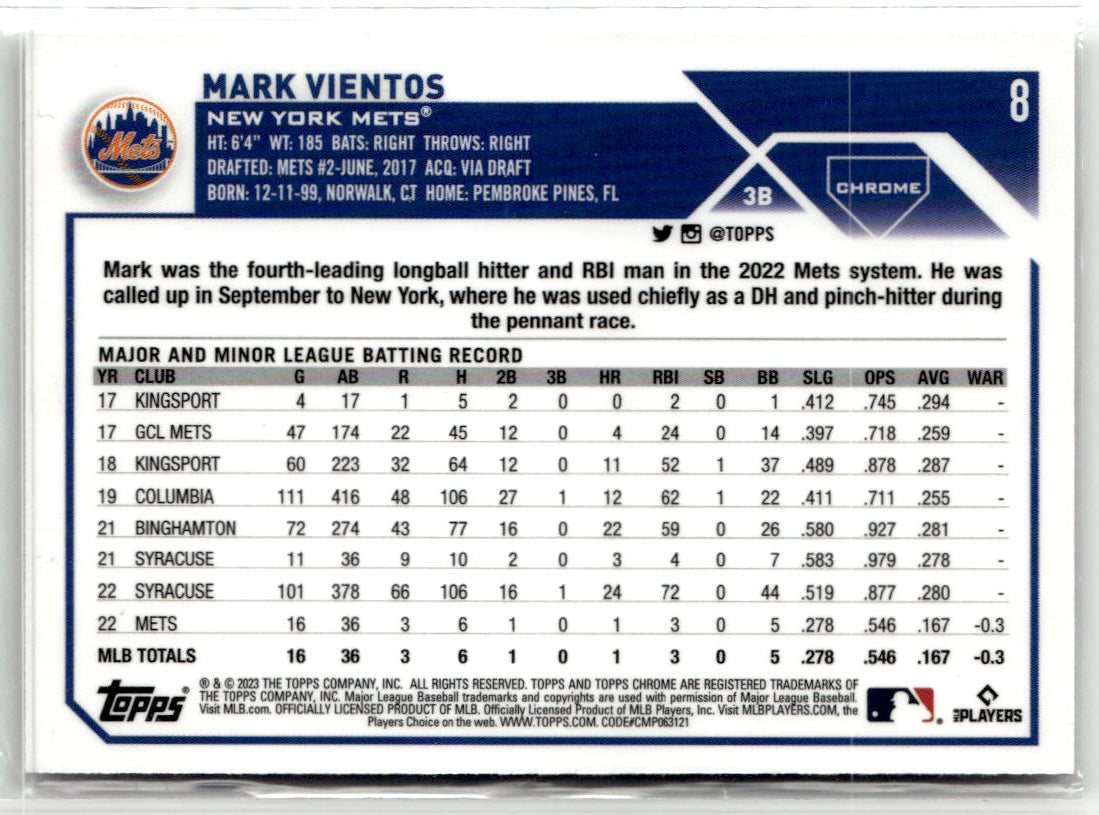 2023 Topps Chrome Mark Vientos #8 (RC) back
