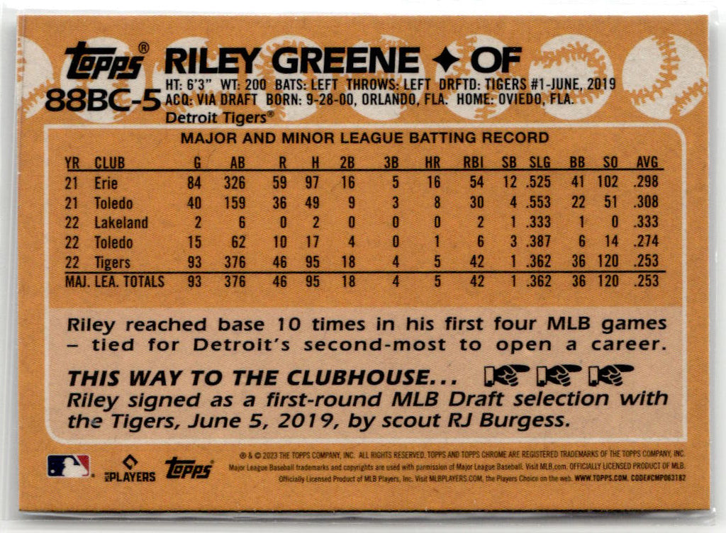 2023 Topps Chrome Riley Greene #182 (RC) back