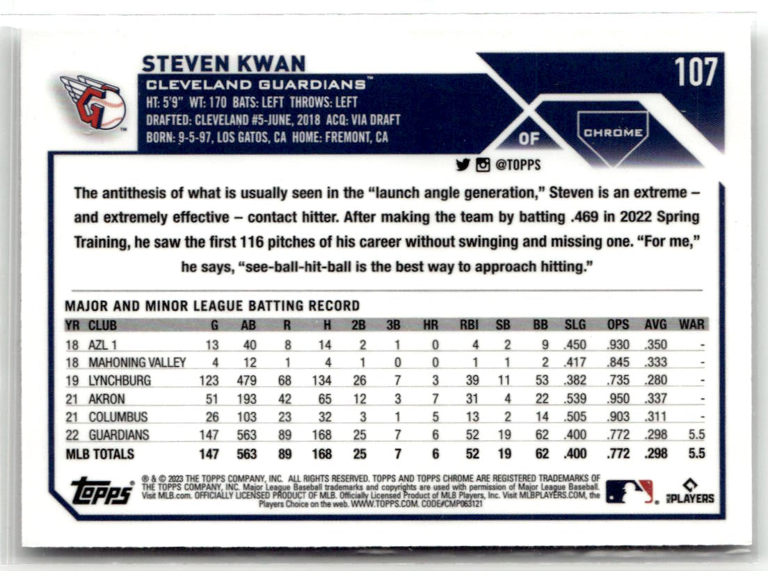 2023 Topps Chrome Steven Kwan #107 back