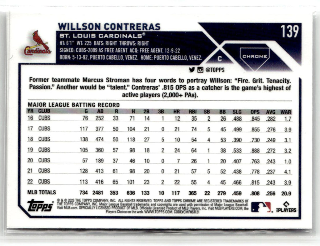 2023 Topps Chrome Willson Contreras #139 back