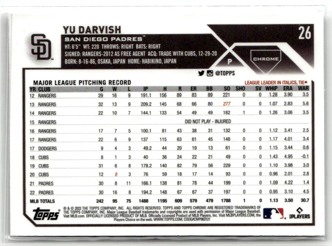 2023 Topps Chrome Yu Darvish #26 back