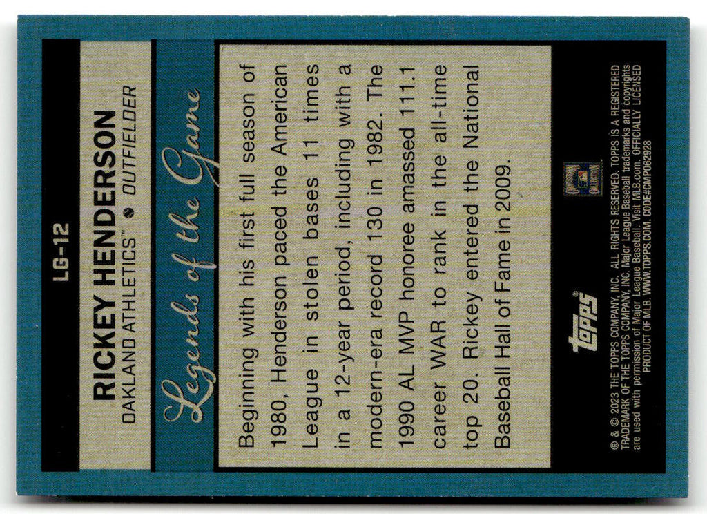 2023 Topps Legends of the Game Rickey Henderson #LG-12 back
