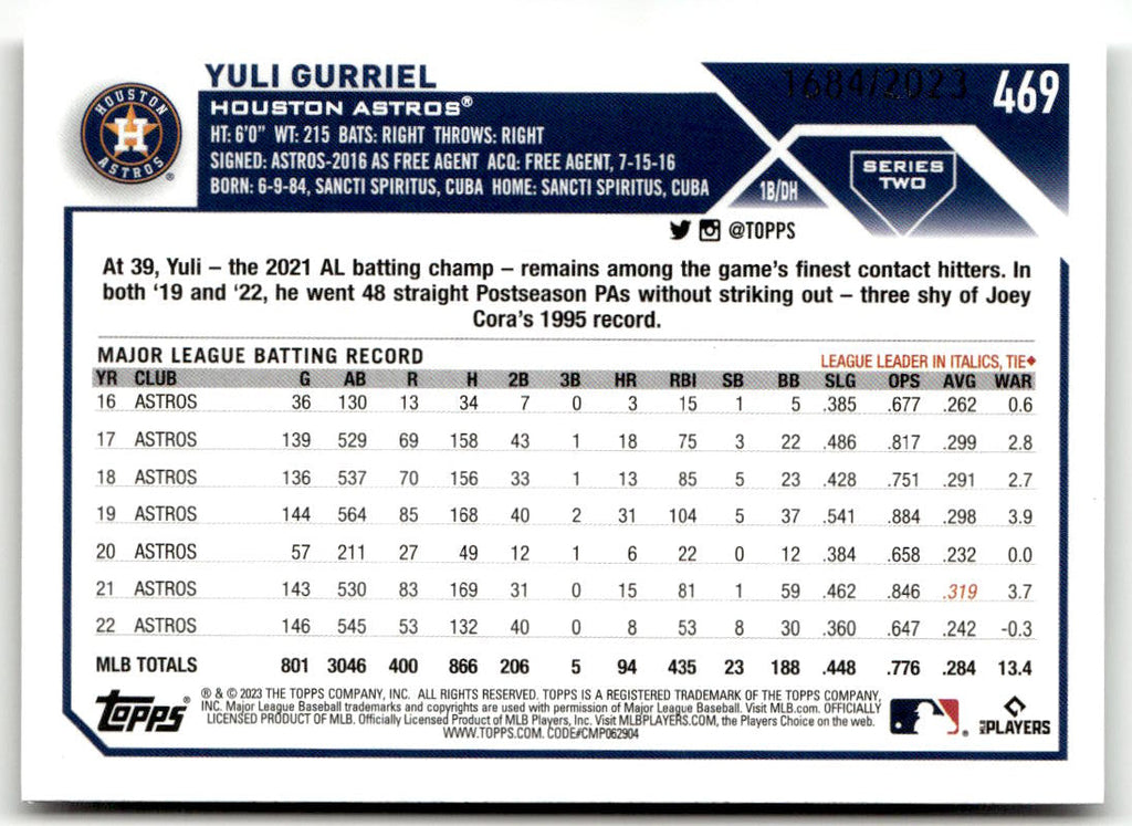 2023 Topps Yuli Gurriel [Gold] #469 back