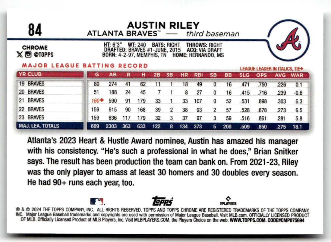 2024 Topps Chrome Austin Riley #84 back
