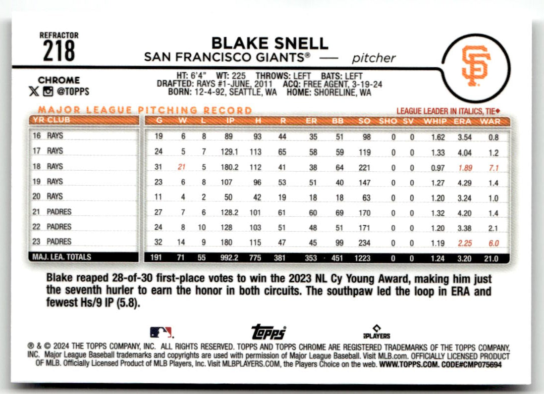 2024 Topps Chrome Blake Snell #218 back
