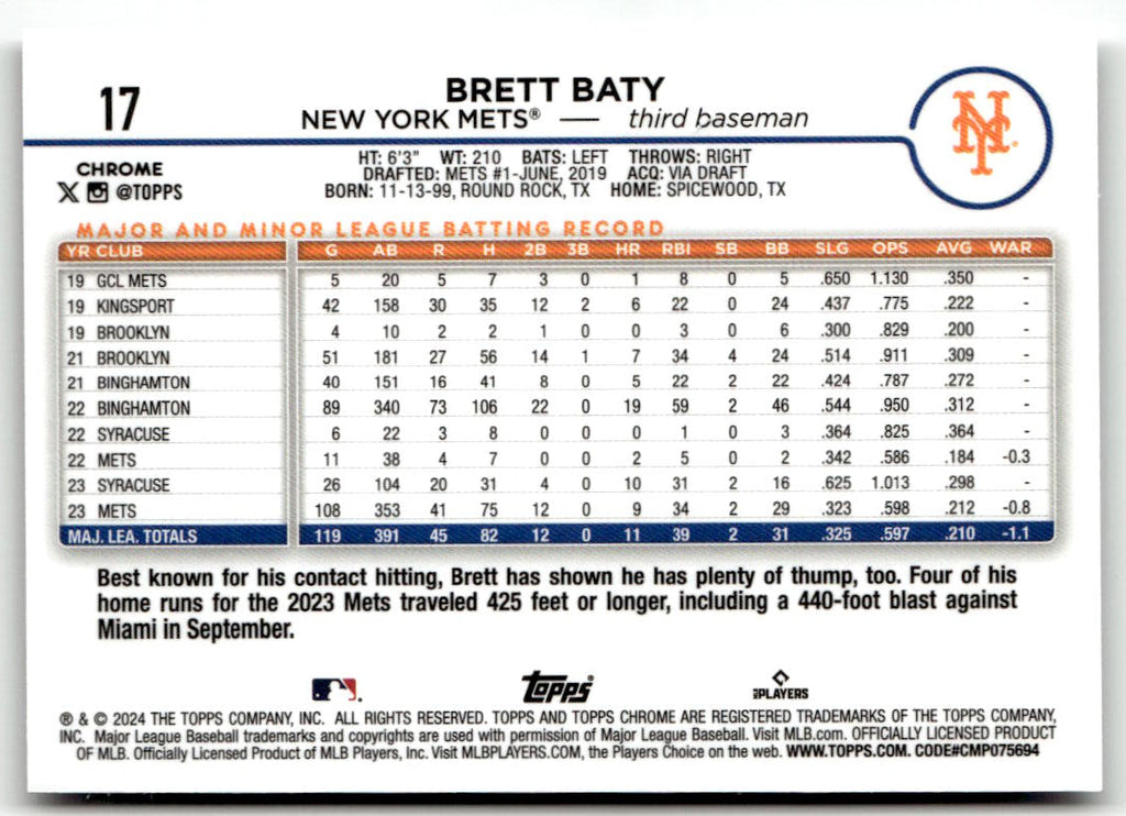 2024 Topps Chrome Brett Baty #17 (RC) back