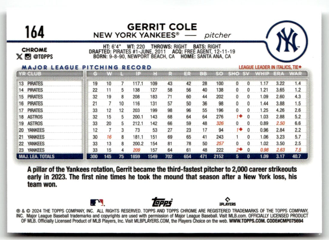 2024 Topps Chrome Gerrit Cole #164 back