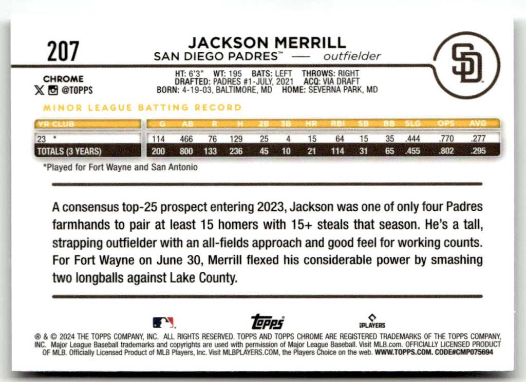 2024 Topps Chrome Jackson Merrill #207 (RC) back