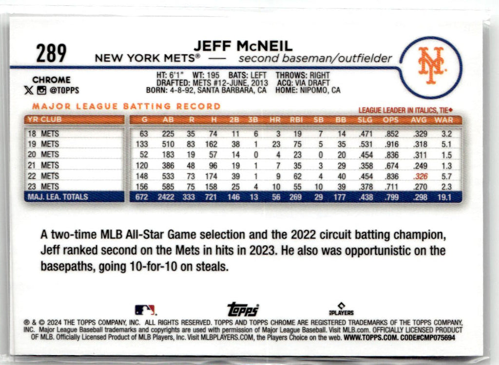 2024 Topps Chrome Jeff McNeil #289 back