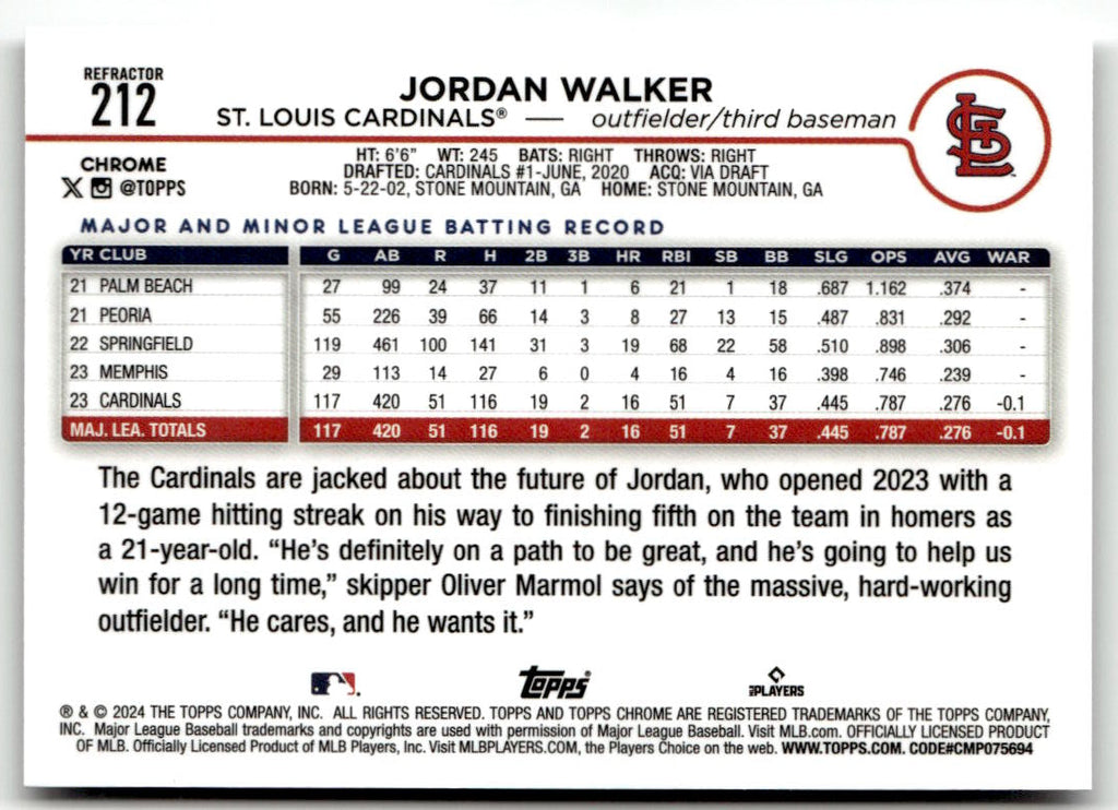 2024 Topps Chrome Jordan Walker #212 (RC) back