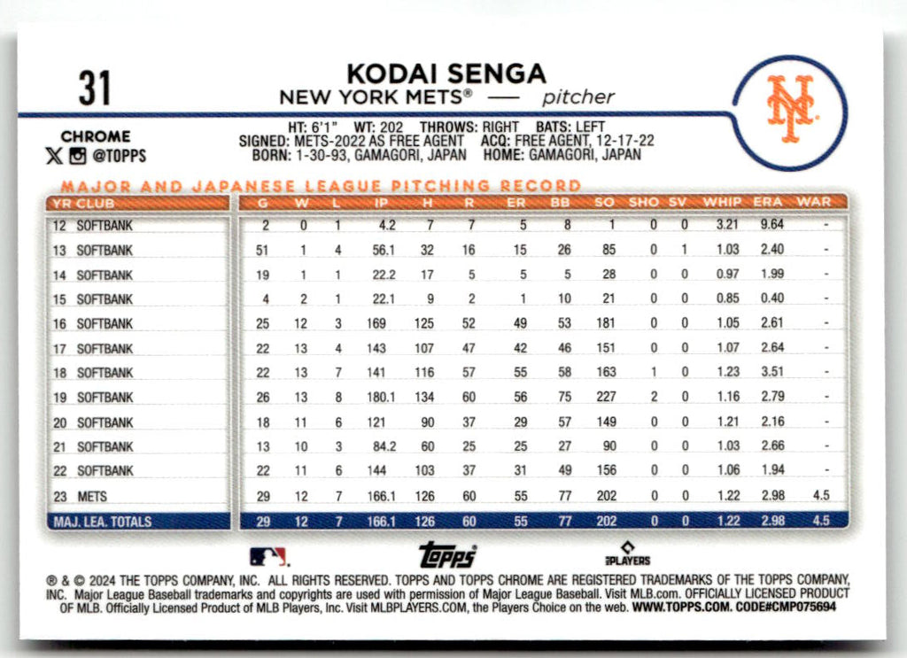 2024 Topps Chrome Kodai Senga #31 back