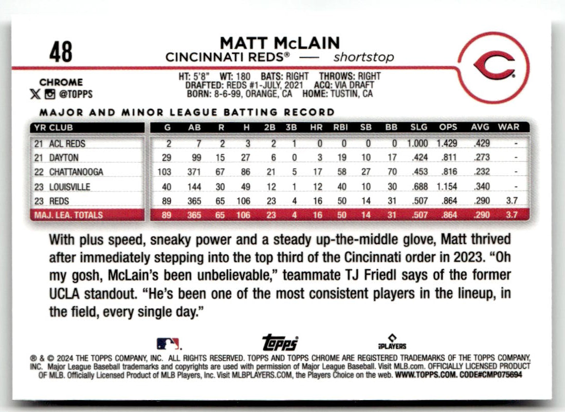2024 Topps Chrome Matt McLain #48 (RC) back