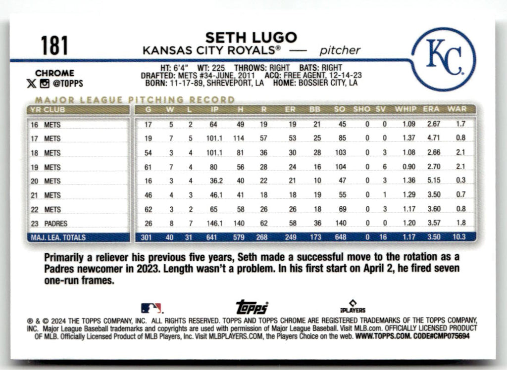 2024 Topps Chrome Seth Lugo #181 back