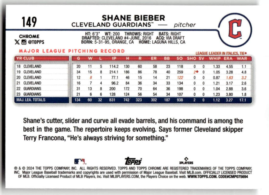 2024 Topps Chrome Shane Bieber #149 back