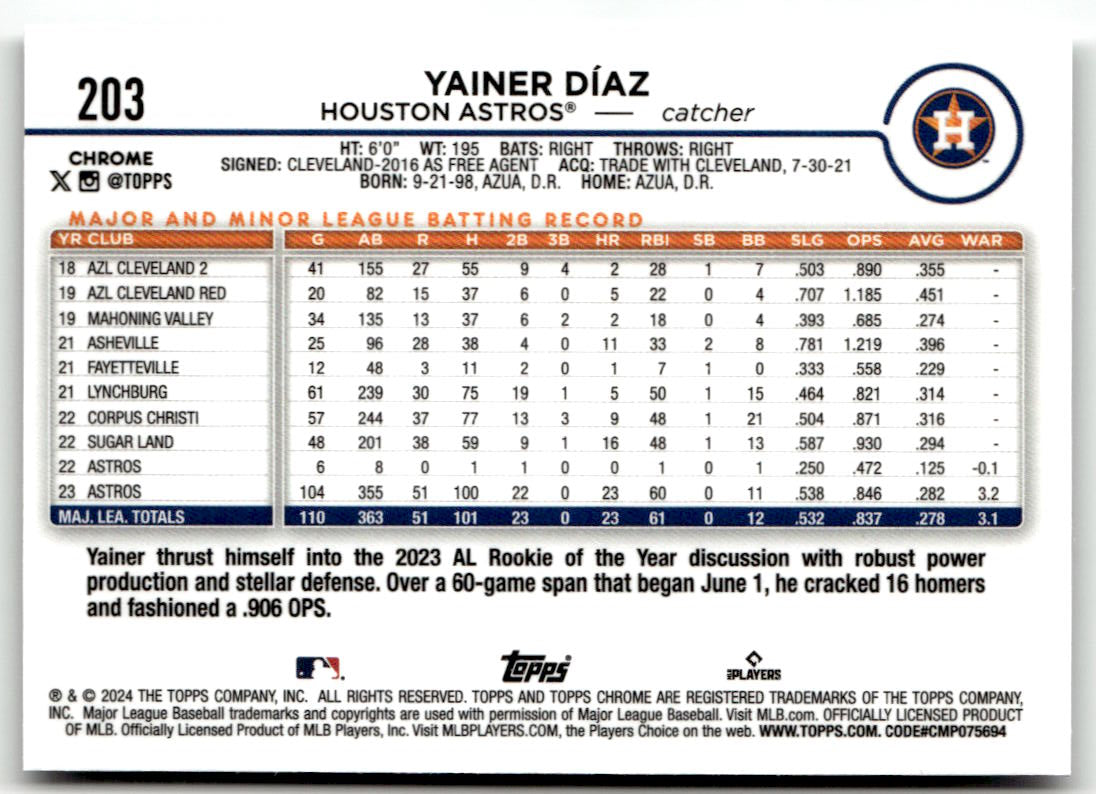 2024 Topps Chrome Yainer Diaz #203 (RC) back