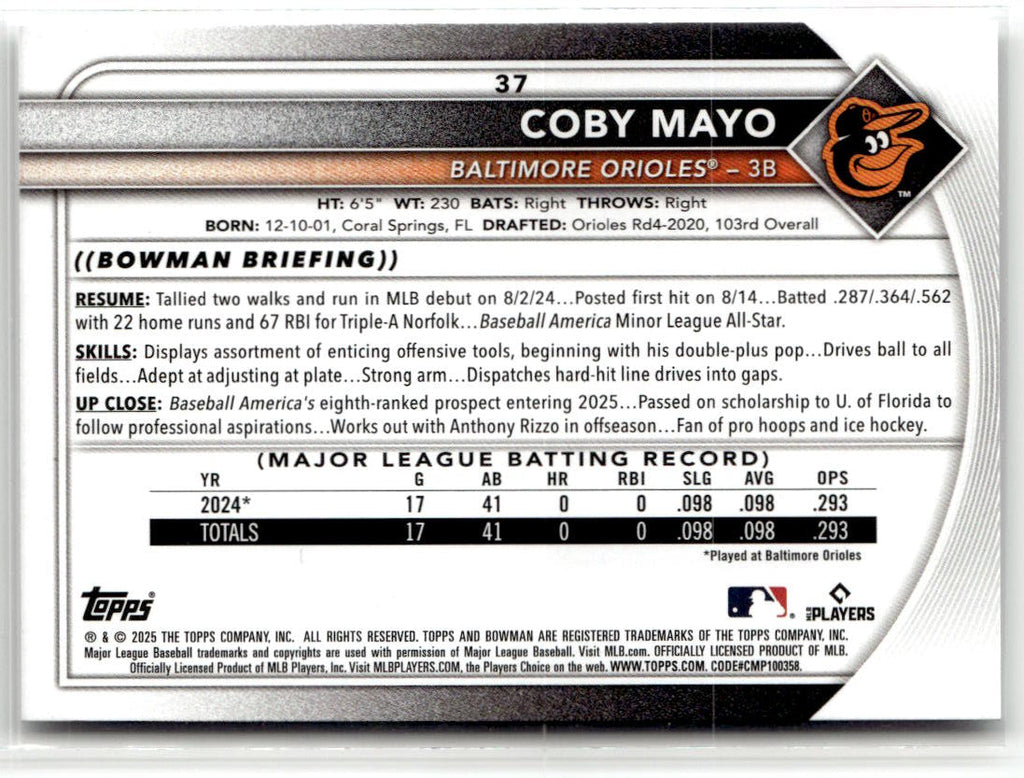 2025 Bowman Coby Mayo #37 (RC) back