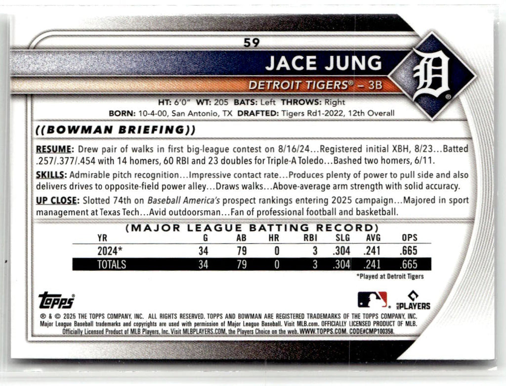 2025 Bowman Jace Jung #59 (RC) back