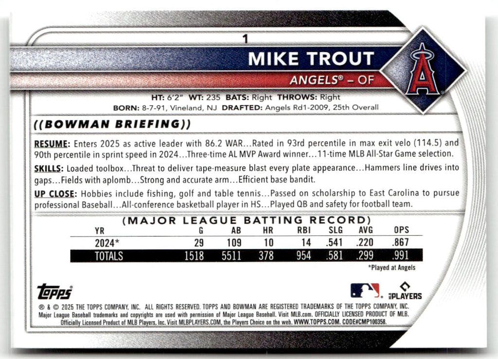 2025 Bowman Mike Trout #1 back