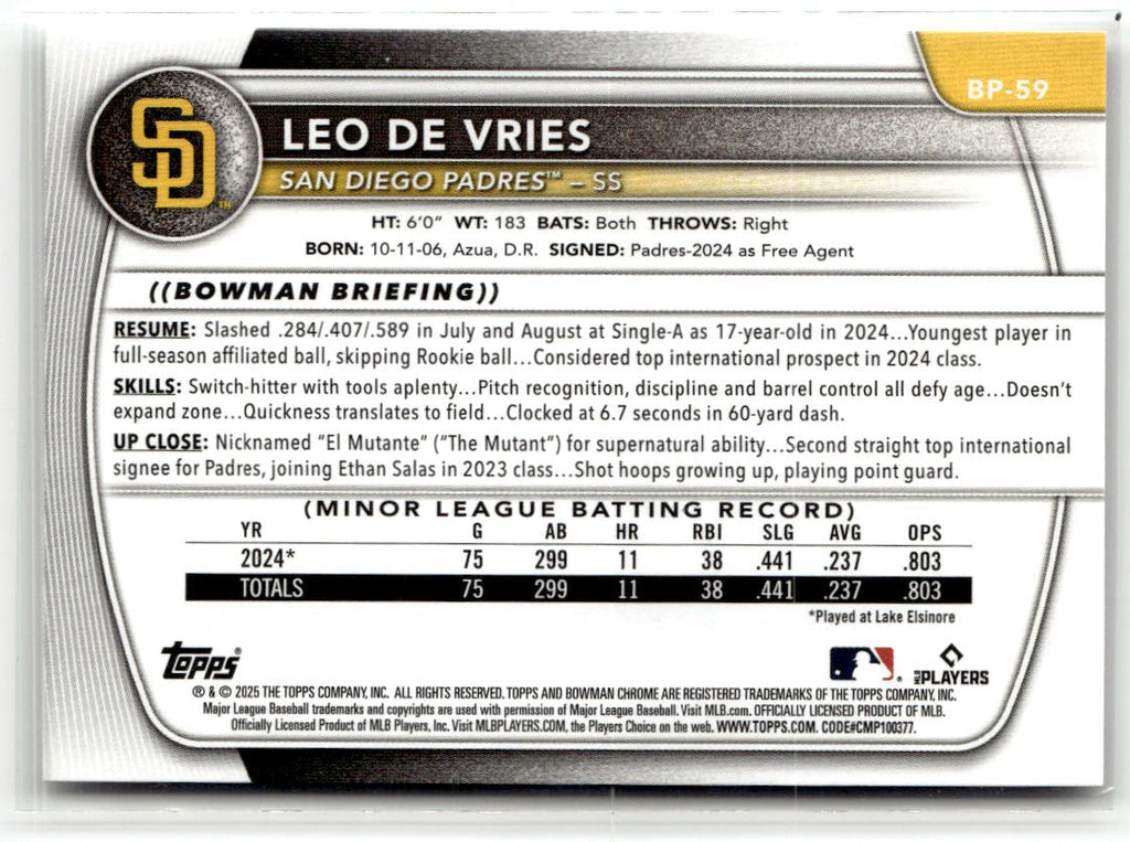 2025 Bowman Prospects Leo De Vries #BP-59 (RC) back