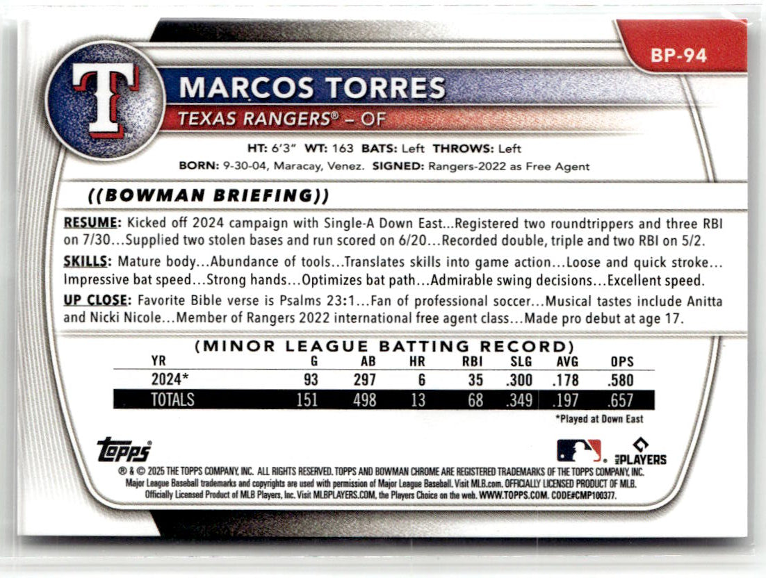 2025 Bowman Prospects Marcos Torres #BP-94 (RC) back