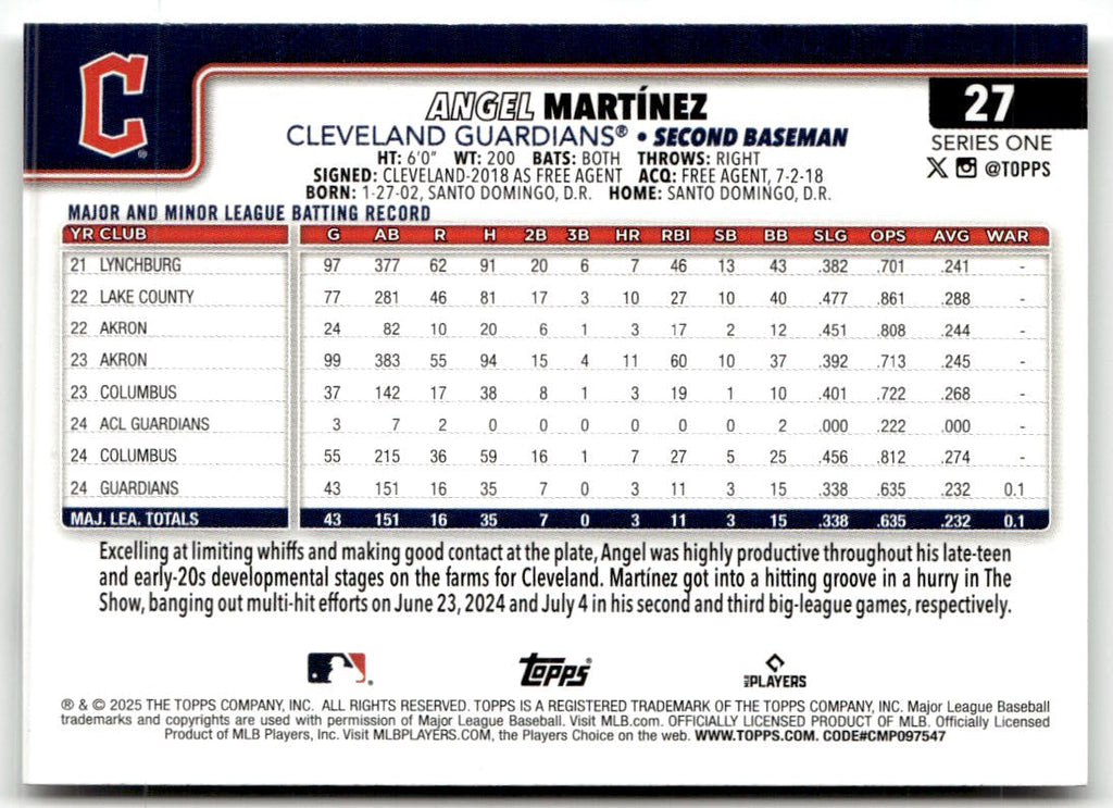 2025 Topps Angel Martinez #27 (RC) back