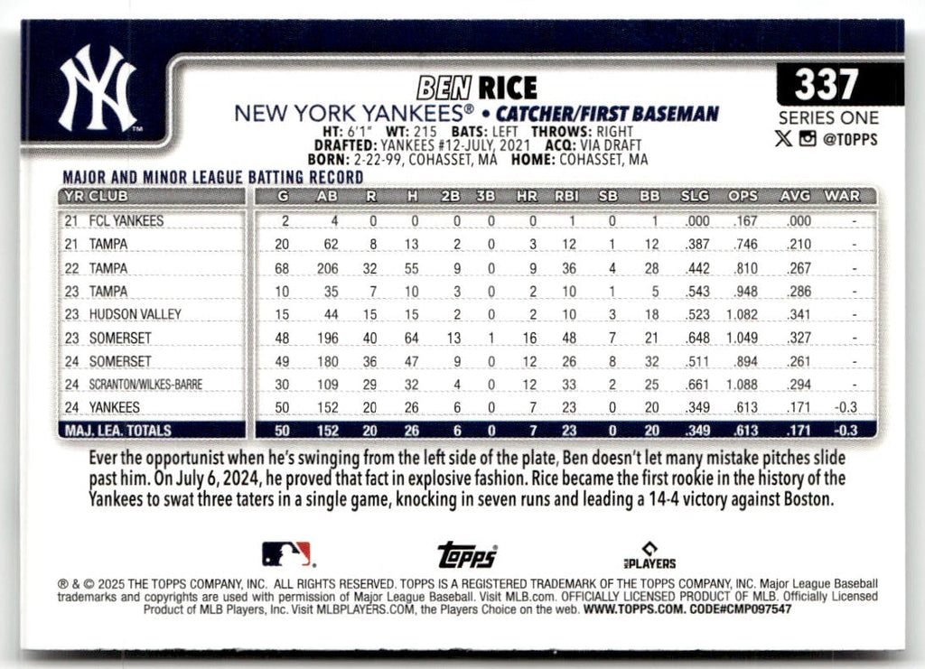 2025 Topps Ben Rice #337 (RC) back