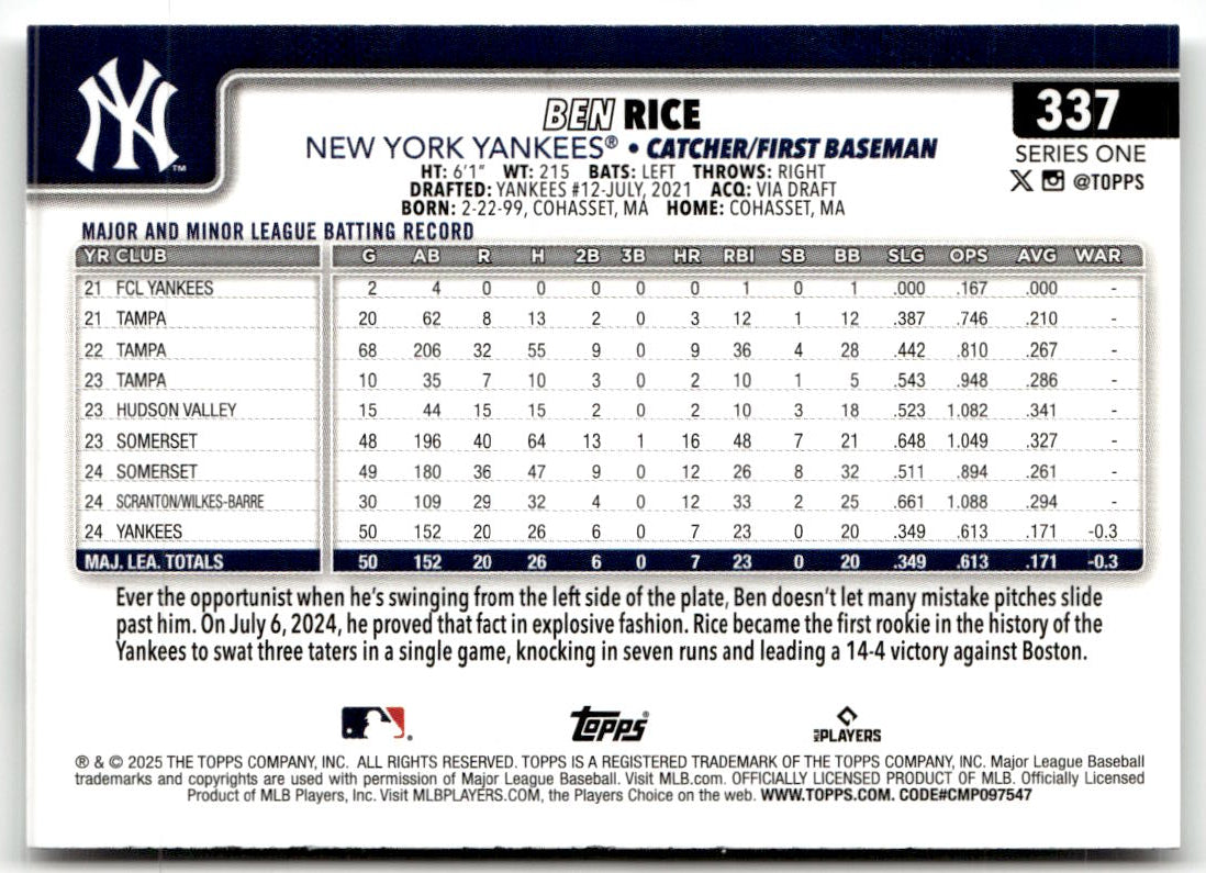 2025 Topps Ben Rice #337 (RC) back