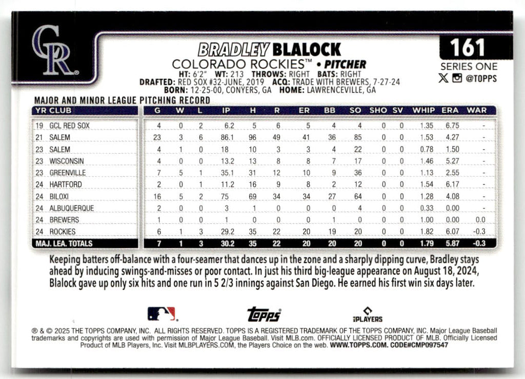 2025 Topps Bradley Blalock #161 (RC) back