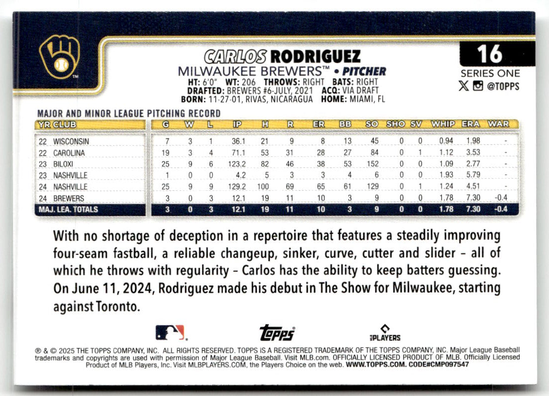 2025 Topps Carlos Rodriguez #16 (RC) back