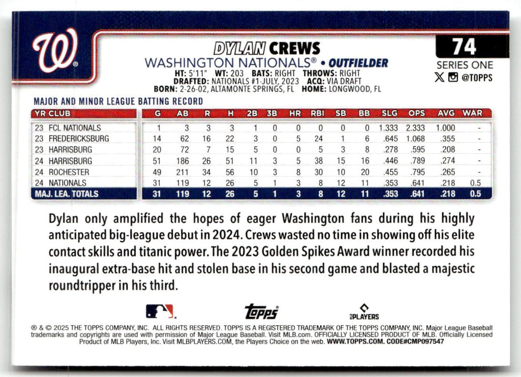 2025 Topps Dylan Crews #74 (RC) back