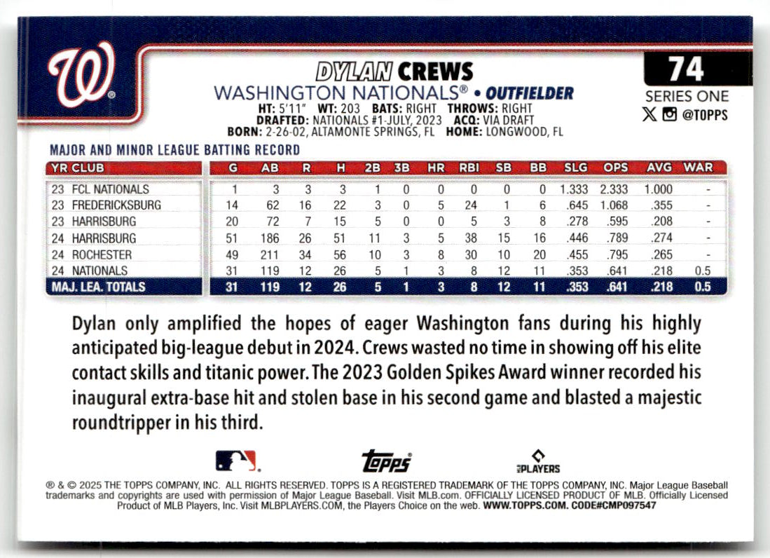 2025 Topps Dylan Crews #74 (RC) back