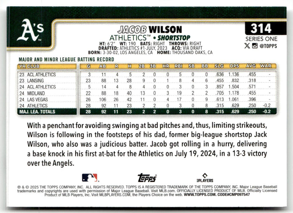 2025 Topps Jacob Wilson #314 (RC) back