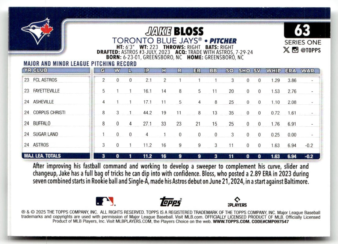 2025 Topps Jake Bloss #63 (RC) back