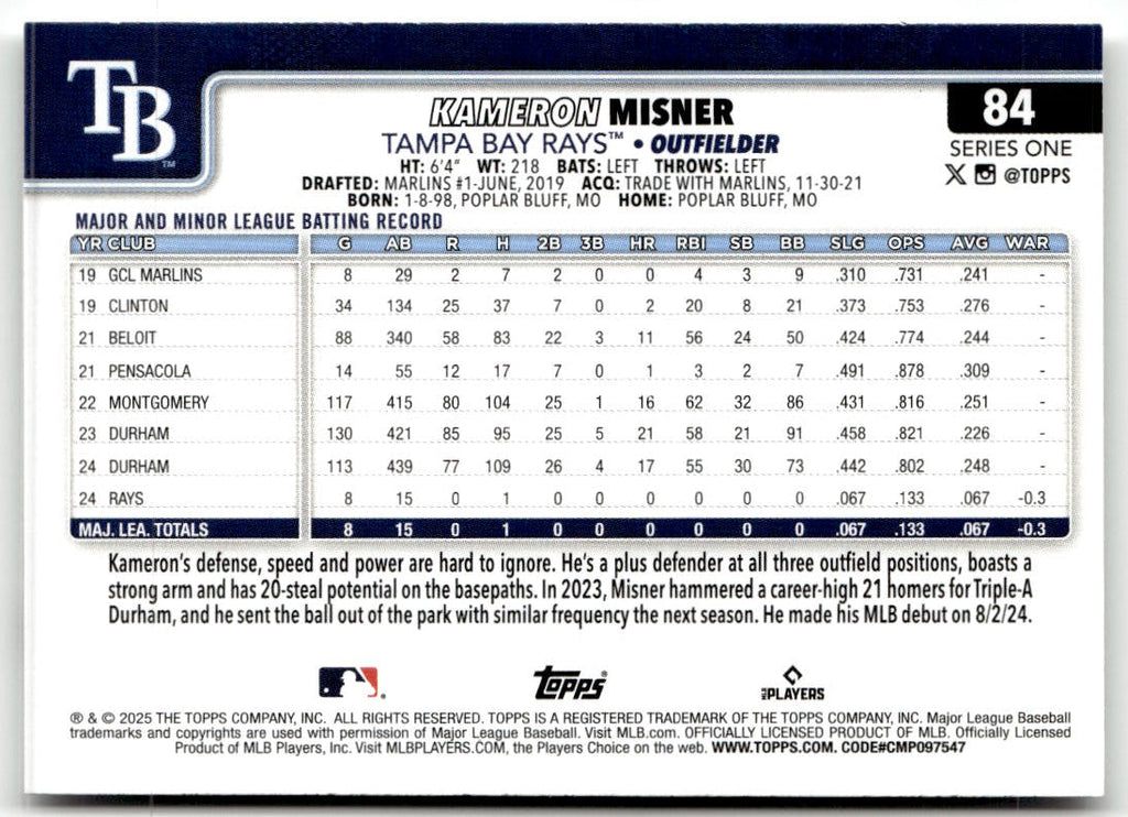 2025 Topps Kameron Misner #84 (RC) back