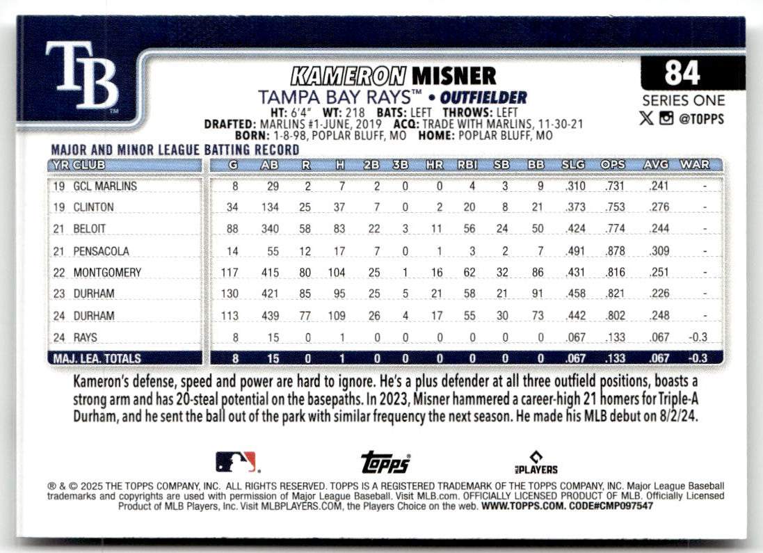2025 Topps Kameron Misner #84 (RC) back