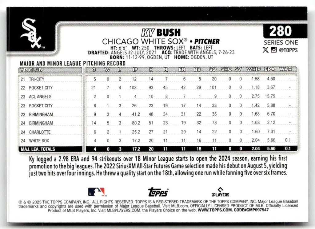 2025 Topps Ky Bush #280 (RC) back