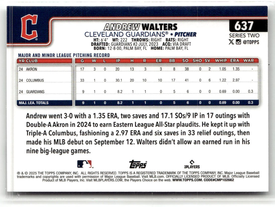 2025 Topps Series 2 Andrew Walters #637 (RC) back