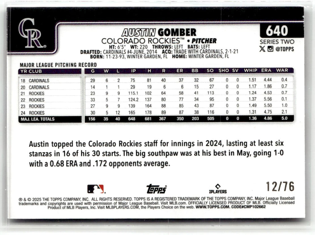 2025 Topps Series 2 Austin Gomber [Independence Day] #640 back