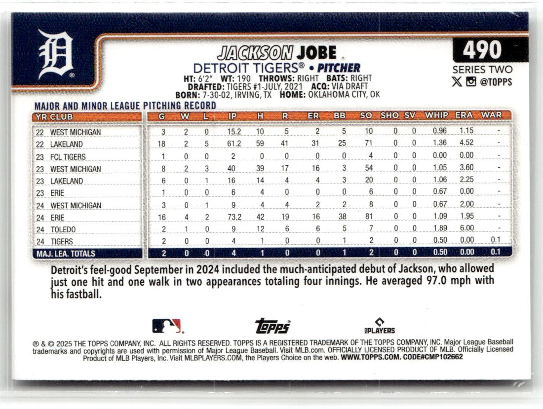 2025 Topps Series 2 Jackson Jobe #490 (RC) back