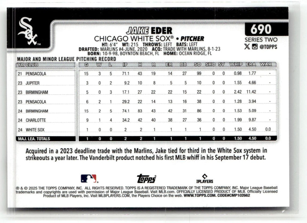 2025 Topps Series 2 Jake Eder #690 (RC) back