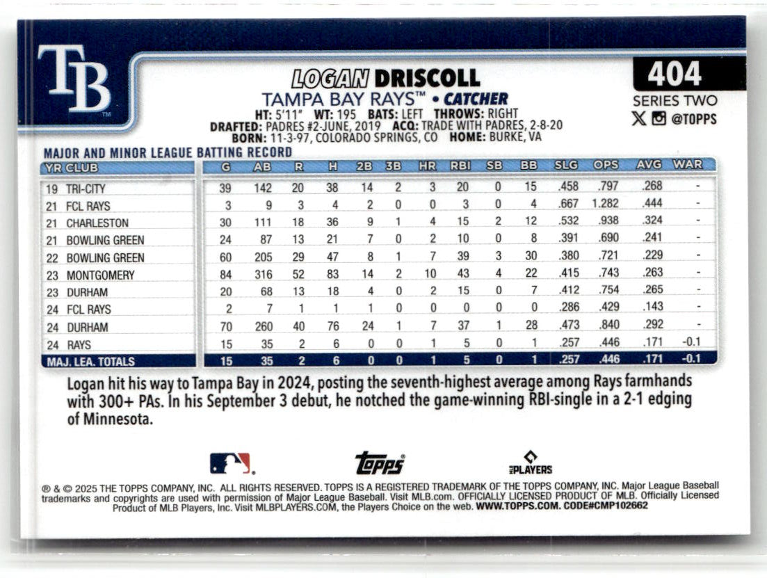 2025 Topps Series 2 Logan Driscoll #404 (RC) back